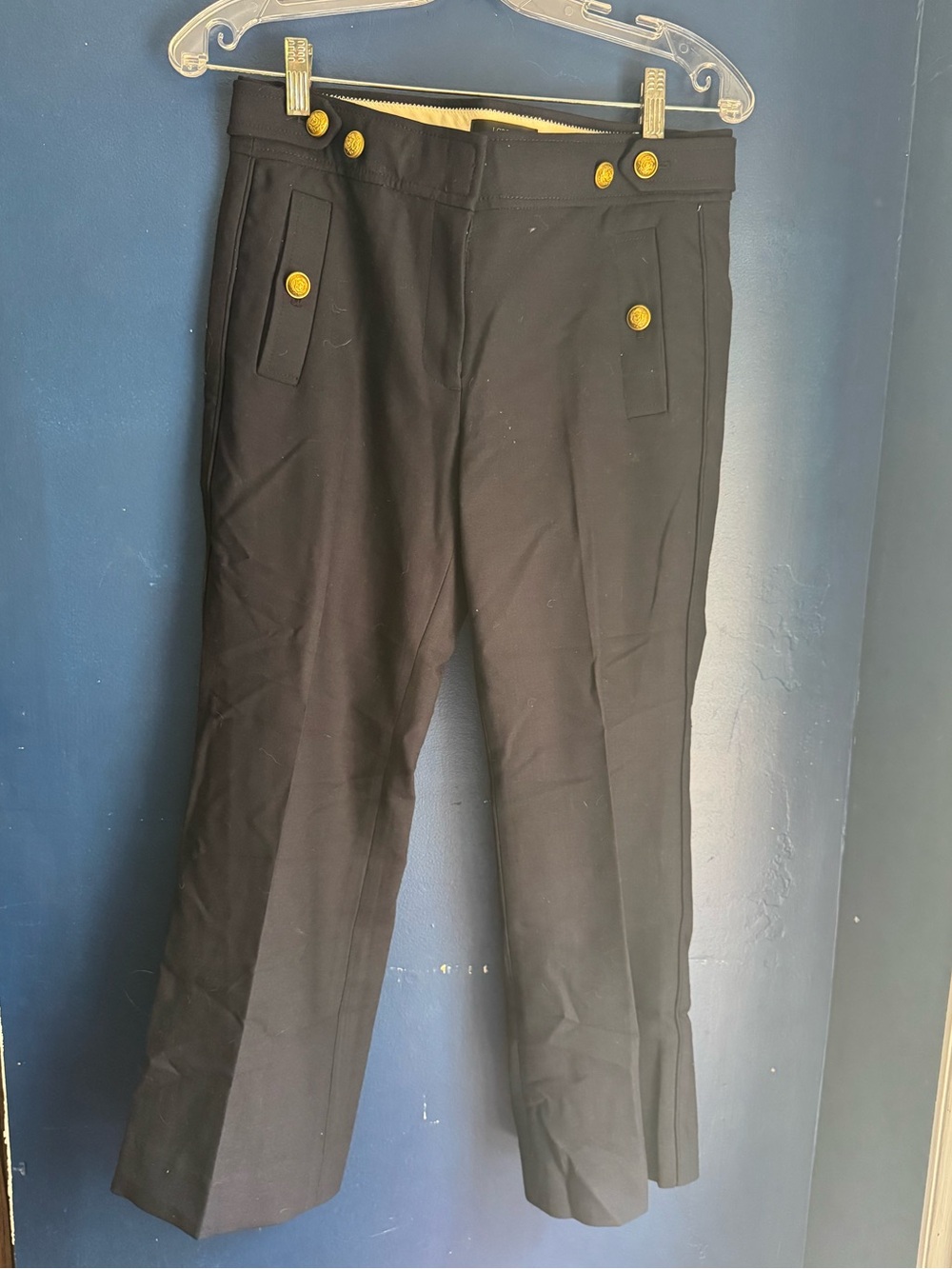 J. Crew Black Straight-Leg Pants with Gold Buttons
